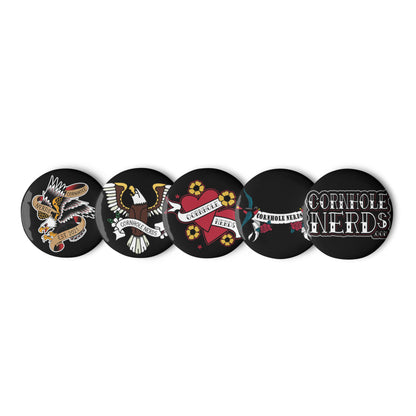 Cornhole Nerds tattoo inspired set of pin buttons