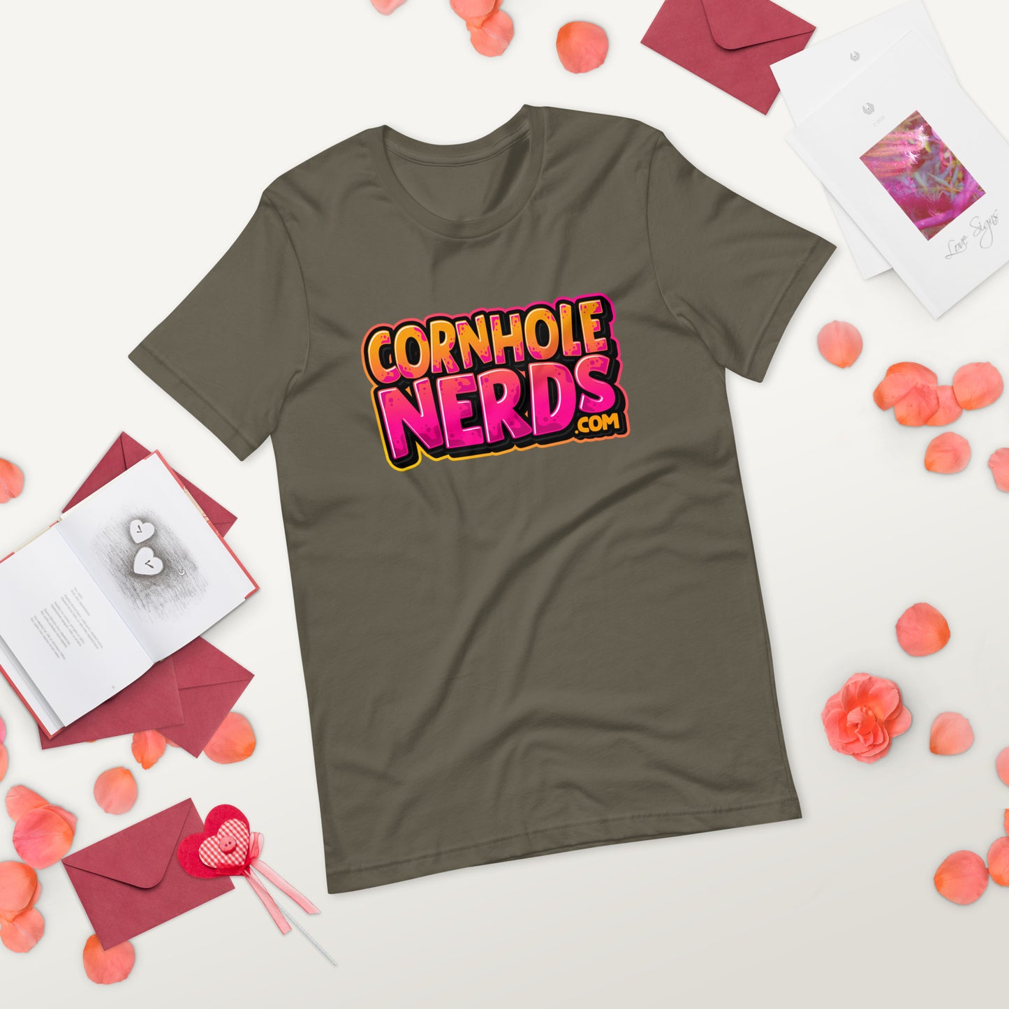 Cornhole Nerds kinda orange-y/pinkish  logo Unisex t-shirt