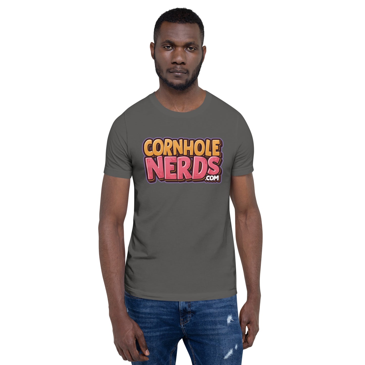 Cornhole Nerds the free model used in this listing just gave up a 9 spot logo Unisex t-shirt