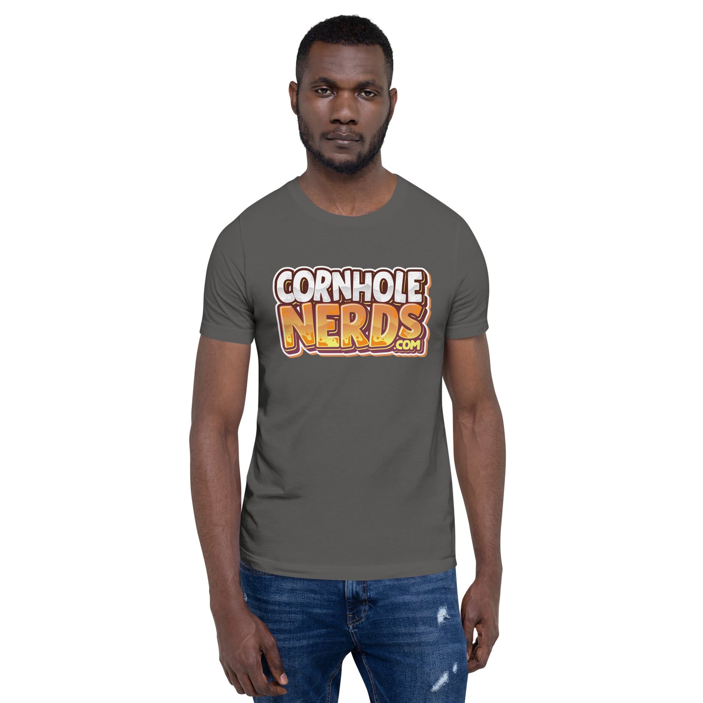 Cornhole Nerds the free model in this listing just gave up a 9 spot logo Unisex t-shirt