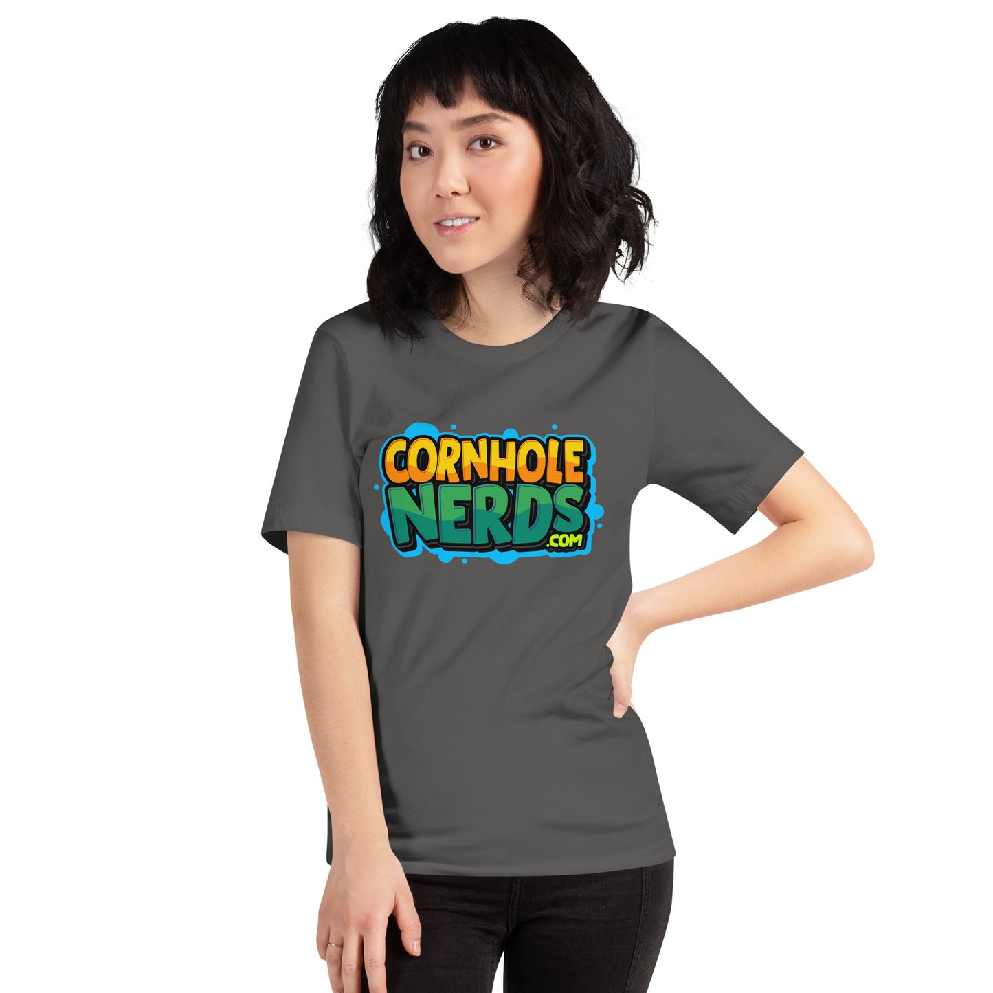 Cornhole Nerds green/yellow blue splat logo Unisex t-shirt