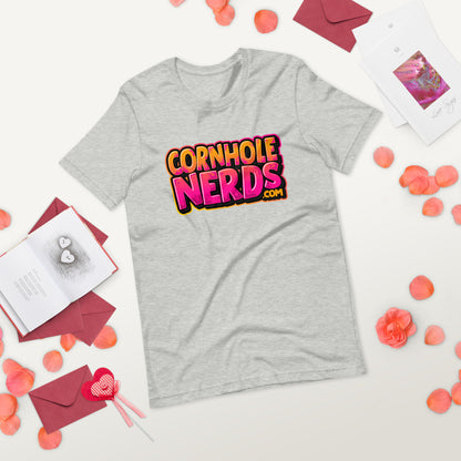 Cornhole Nerds kinda orange-y/pinkish  logo Unisex t-shirt