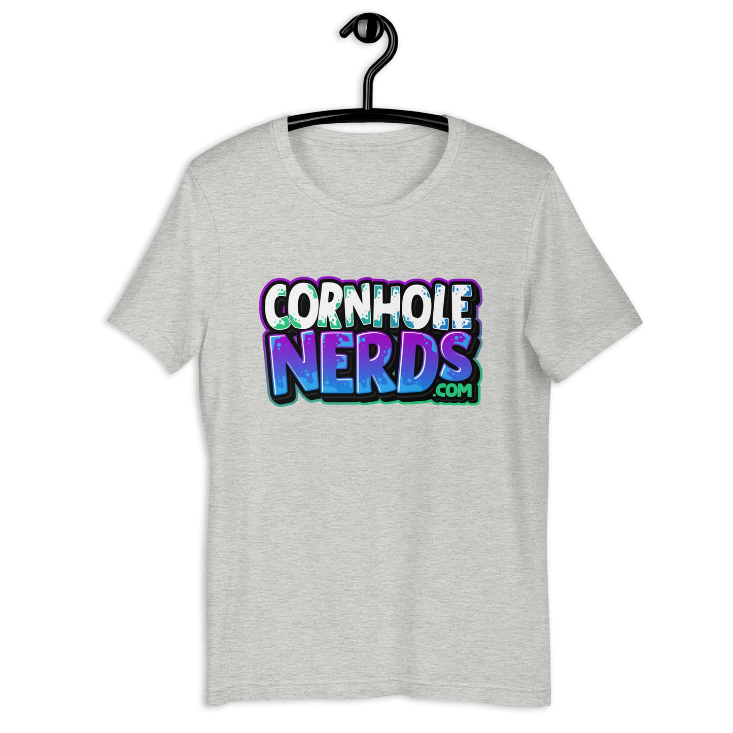 Cornhole Nerds white/bluish/purple kinda green logo Unisex t-shirt