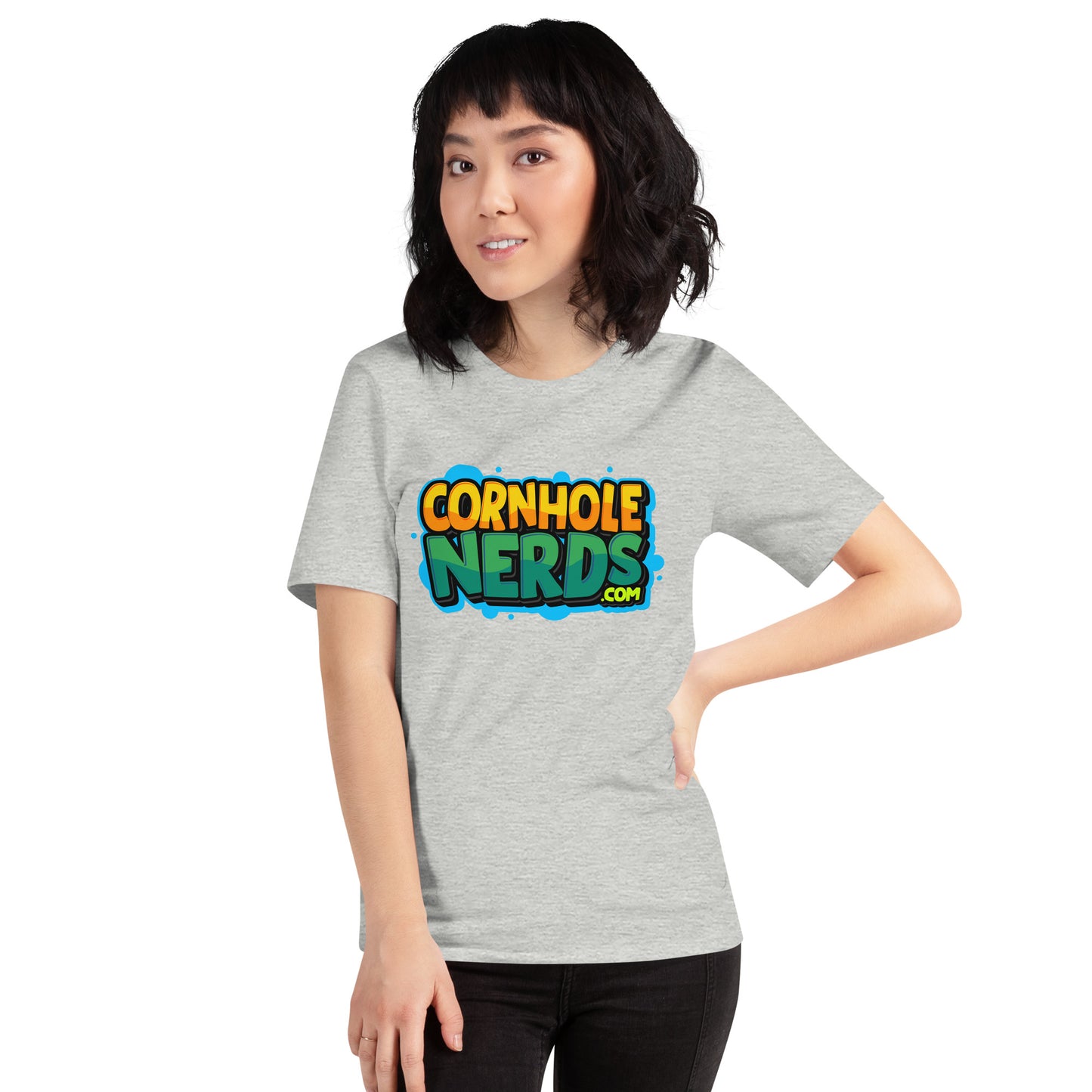 Cornhole Nerds green/yellow blue splat logo Unisex t-shirt