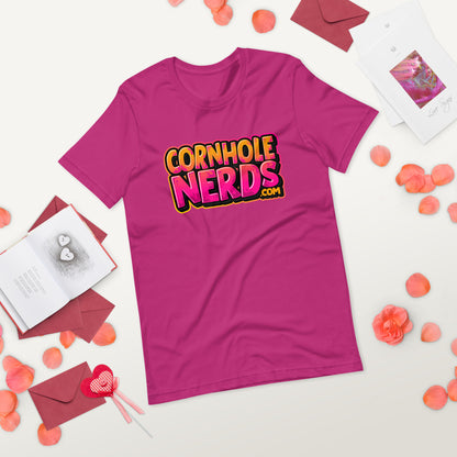 Cornhole Nerds kinda orange-y/pinkish  logo Unisex t-shirt