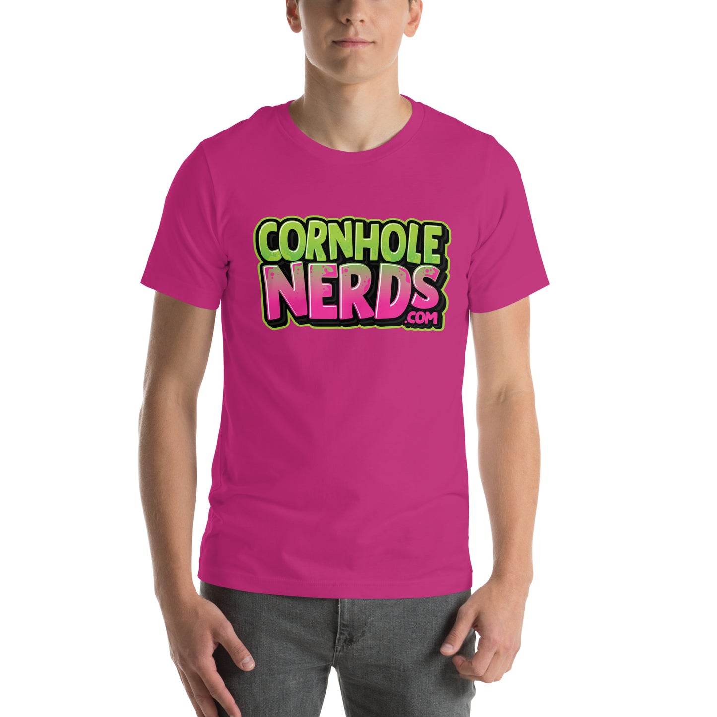 Cornhole Nerds purple/green logo Unisex t-shirt