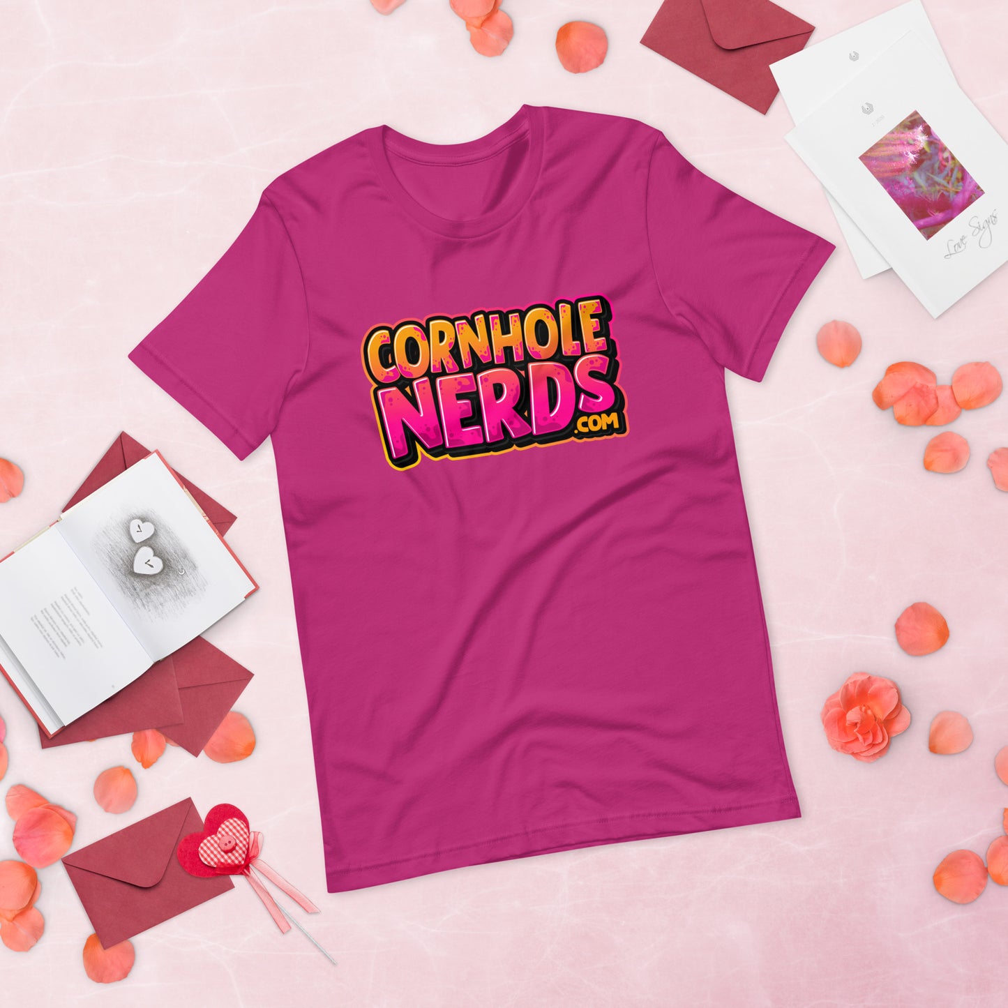 Cornhole Nerds kinda orange-y/pinkish  logo Unisex t-shirt