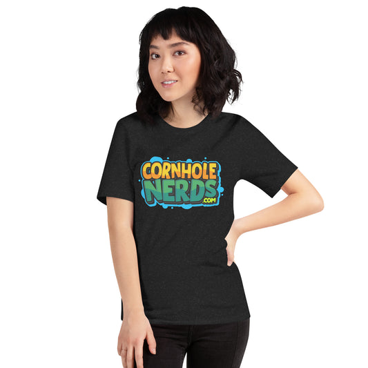 Cornhole Nerds green/yellow blue splat logo Unisex t-shirt