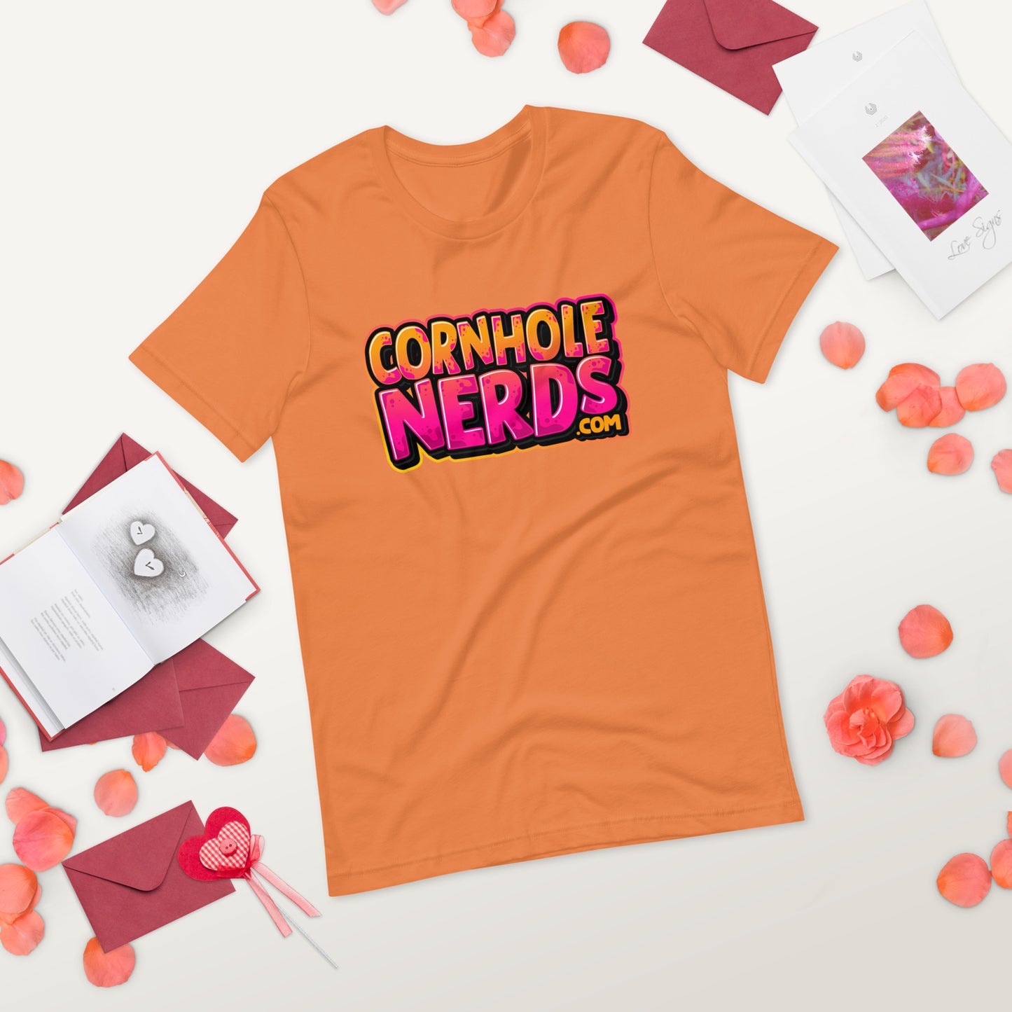 Cornhole Nerds kinda orange-y/pinkish  logo Unisex t-shirt