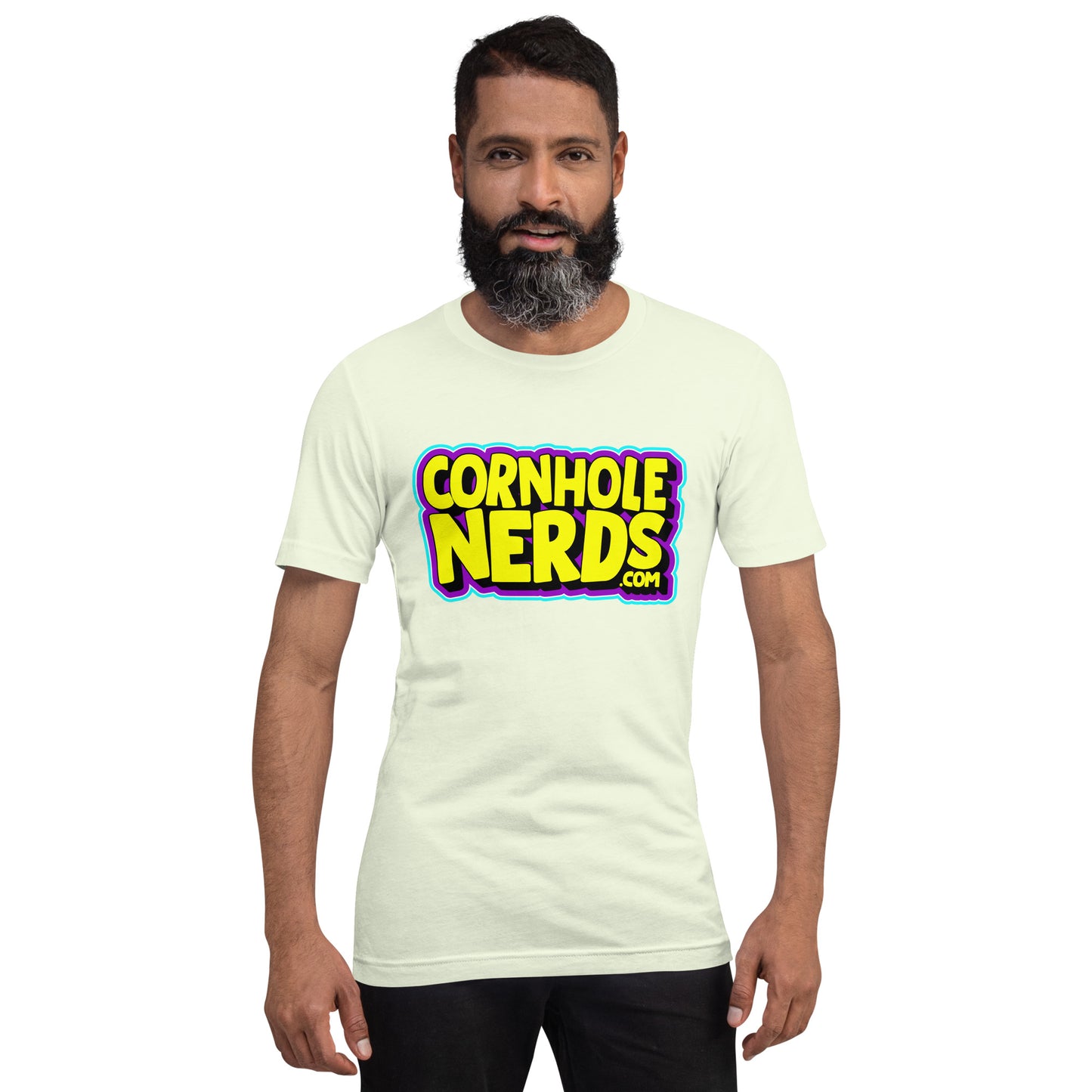 Cornhole Nerds yellow/blue/purple logo Unisex t-shirt