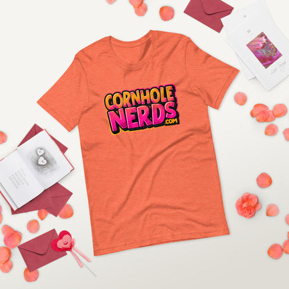 Cornhole Nerds kinda orange-y/pinkish  logo Unisex t-shirt