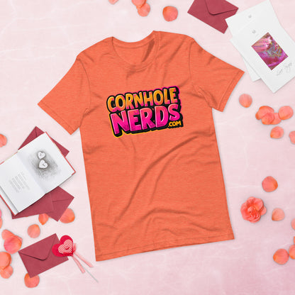 Cornhole Nerds kinda orange-y/pinkish  logo Unisex t-shirt