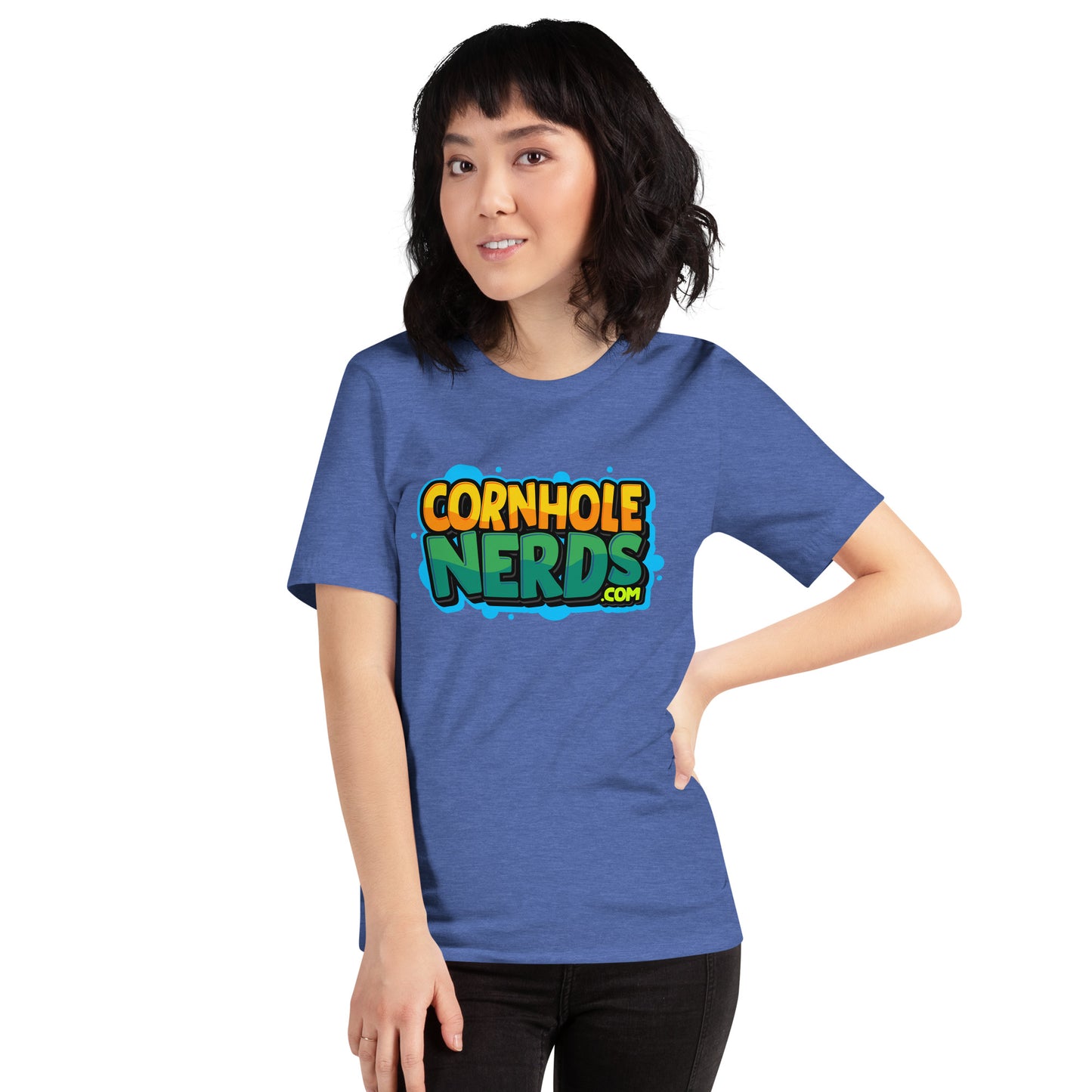 Cornhole Nerds green/yellow blue splat logo Unisex t-shirt