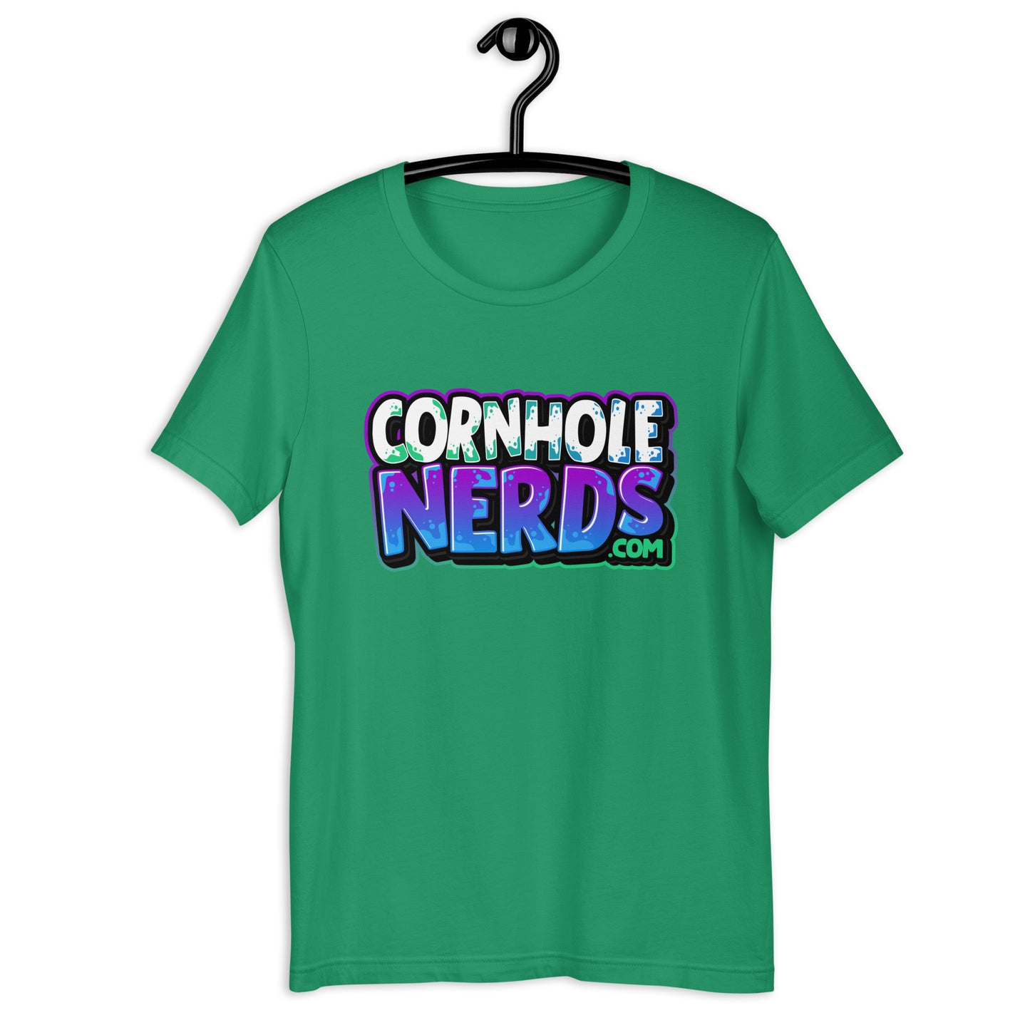 Cornhole Nerds white/bluish/purple kinda green logo Unisex t-shirt