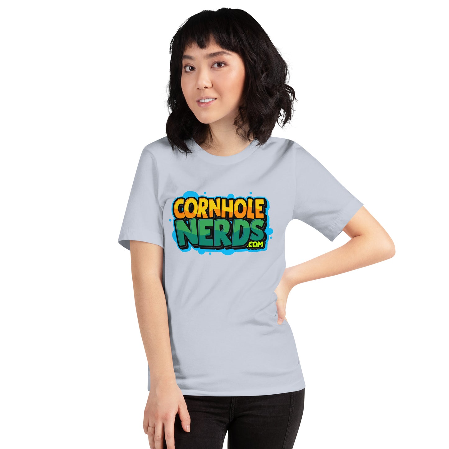 Cornhole Nerds green/yellow blue splat logo Unisex t-shirt