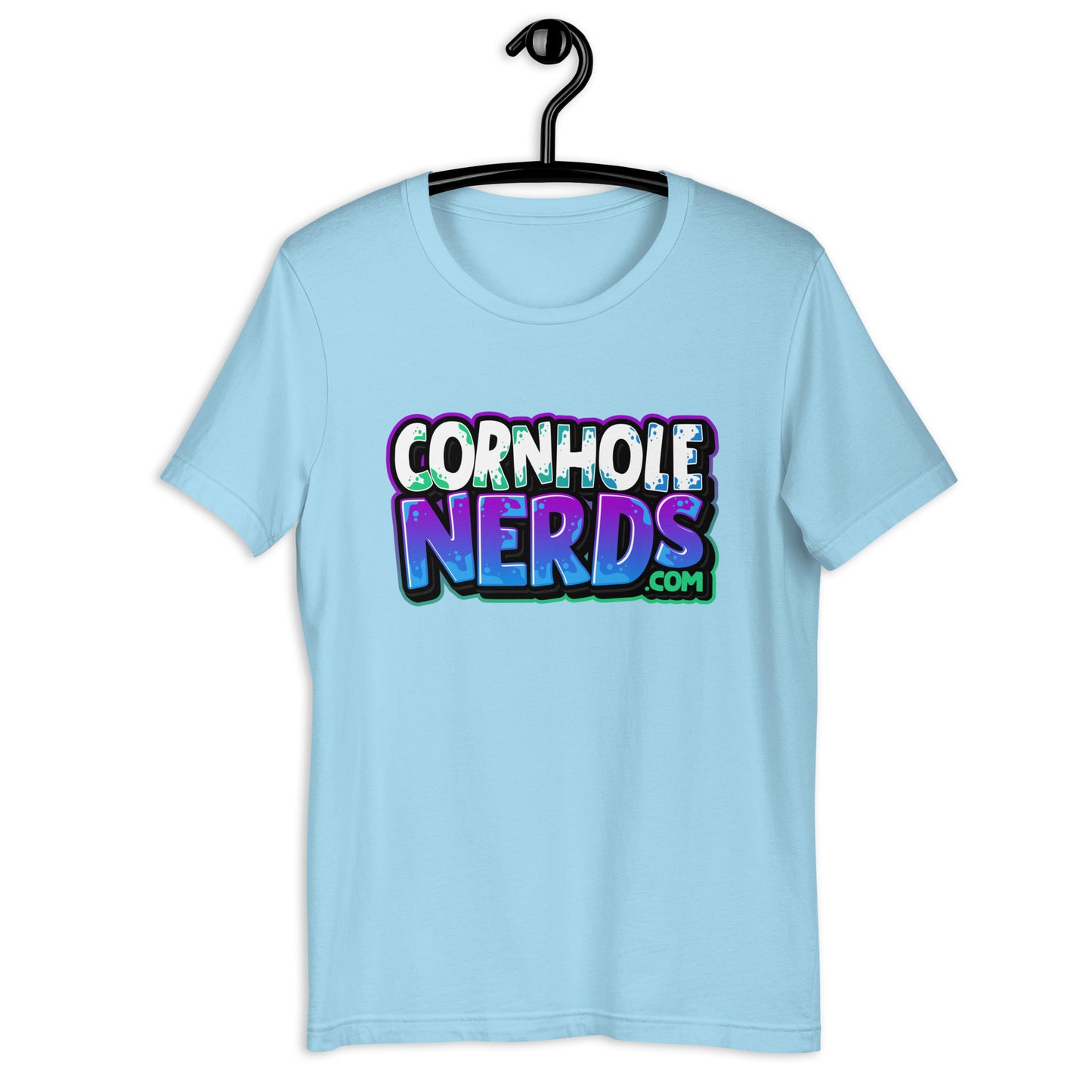 Cornhole Nerds white/bluish/purple kinda green logo Unisex t-shirt