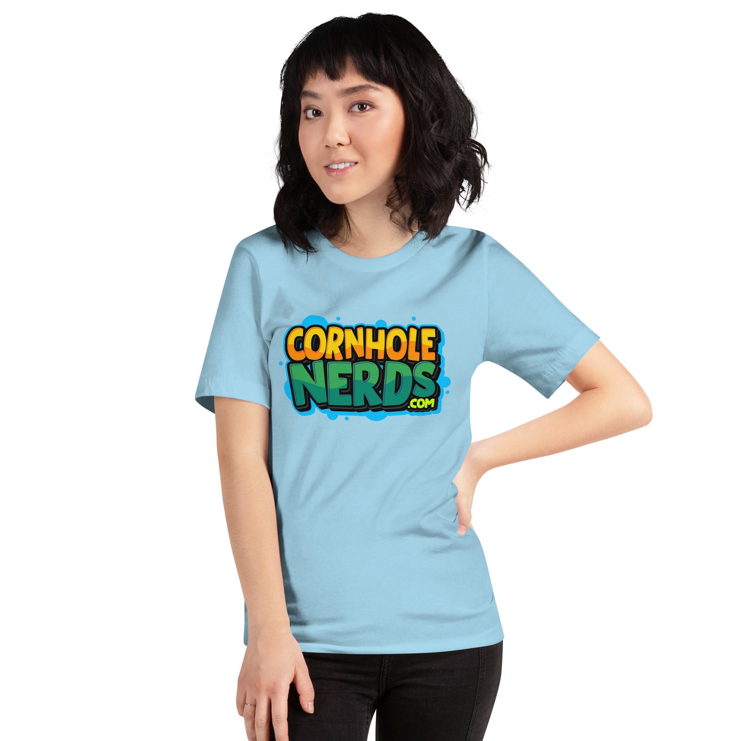 Cornhole Nerds green/yellow blue splat logo Unisex t-shirt