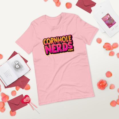 Cornhole Nerds kinda orange-y/pinkish  logo Unisex t-shirt