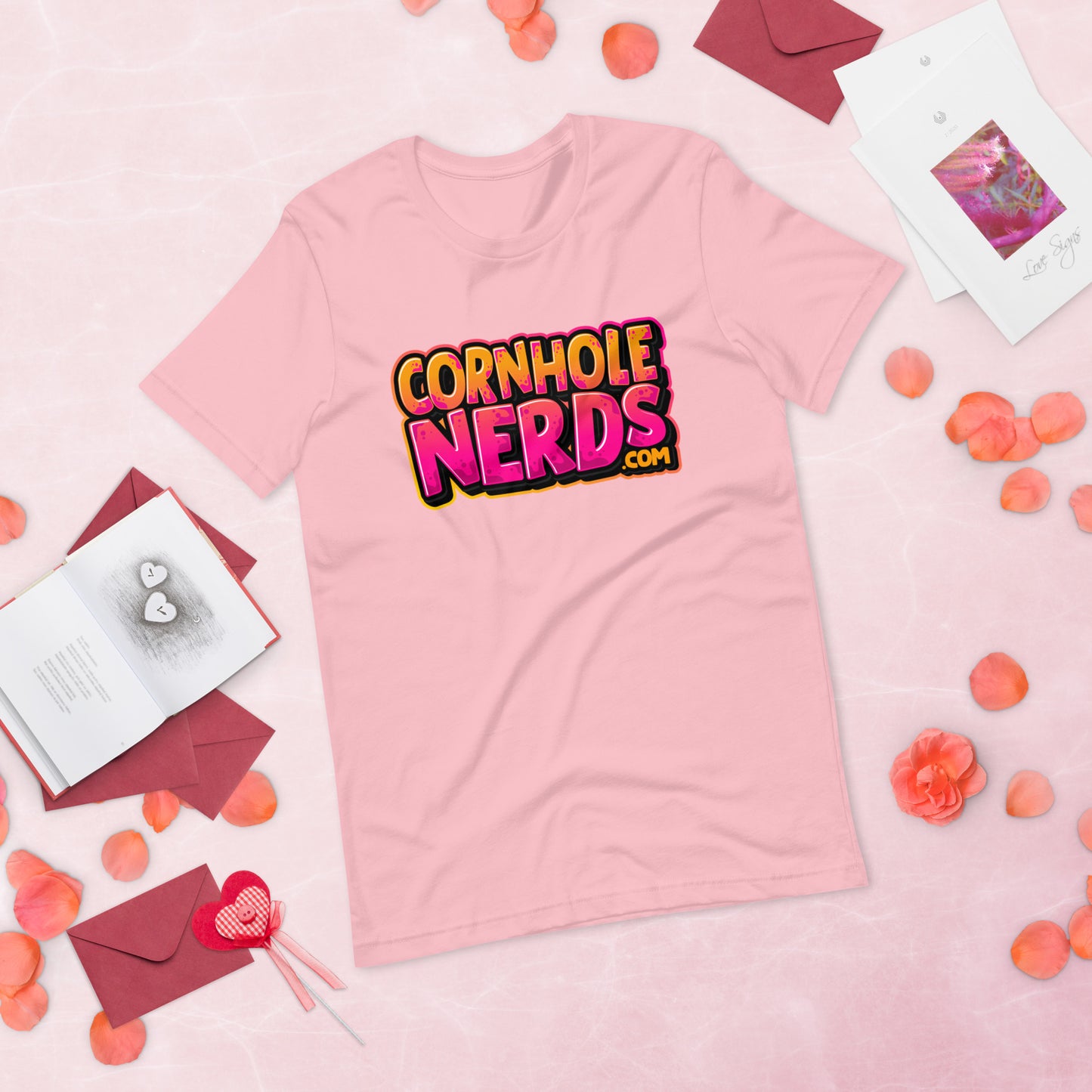 Cornhole Nerds kinda orange-y/pinkish  logo Unisex t-shirt