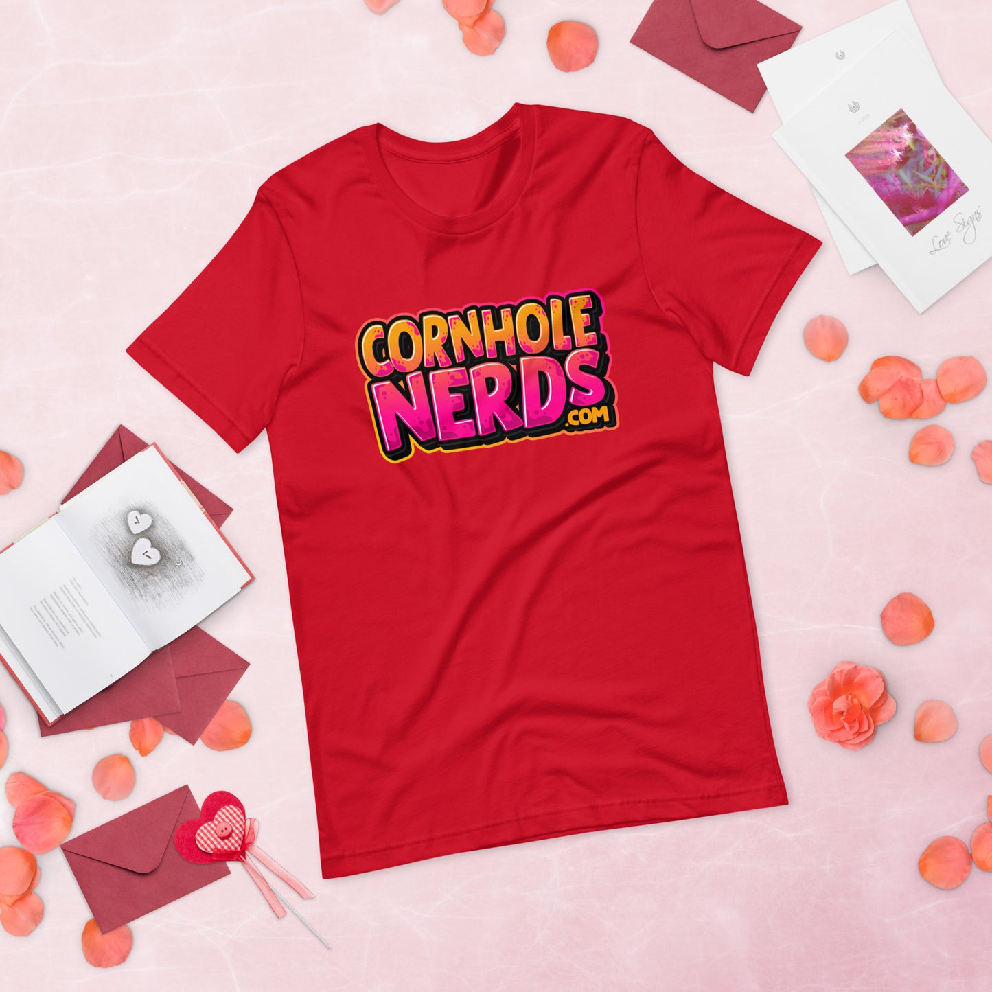 Cornhole Nerds kinda orange-y/pinkish  logo Unisex t-shirt