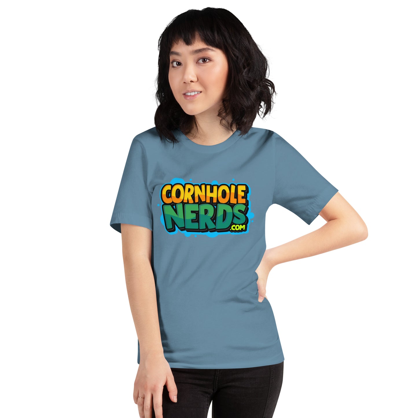 Cornhole Nerds green/yellow blue splat logo Unisex t-shirt