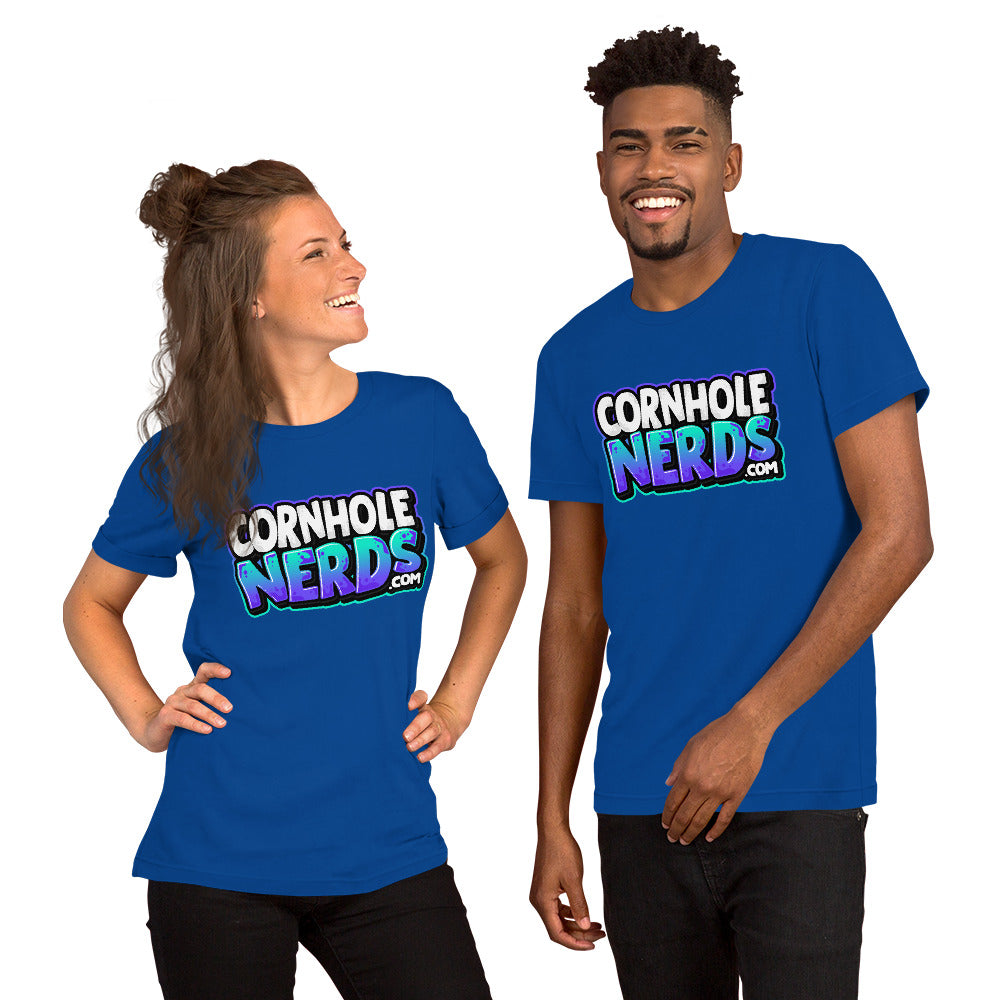 Cornhole Nerds white/purplish/blueish logo Unisex t-shirt