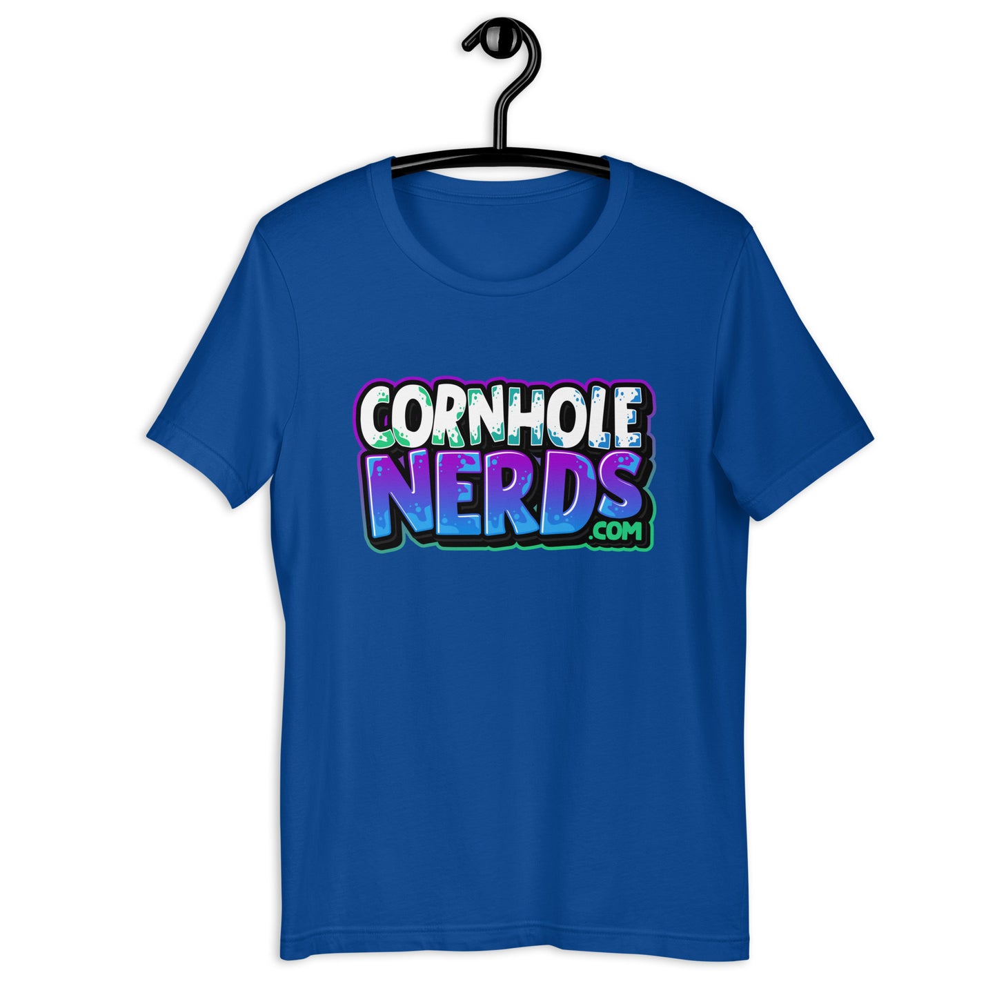 Cornhole Nerds white/bluish/purple kinda green logo Unisex t-shirt