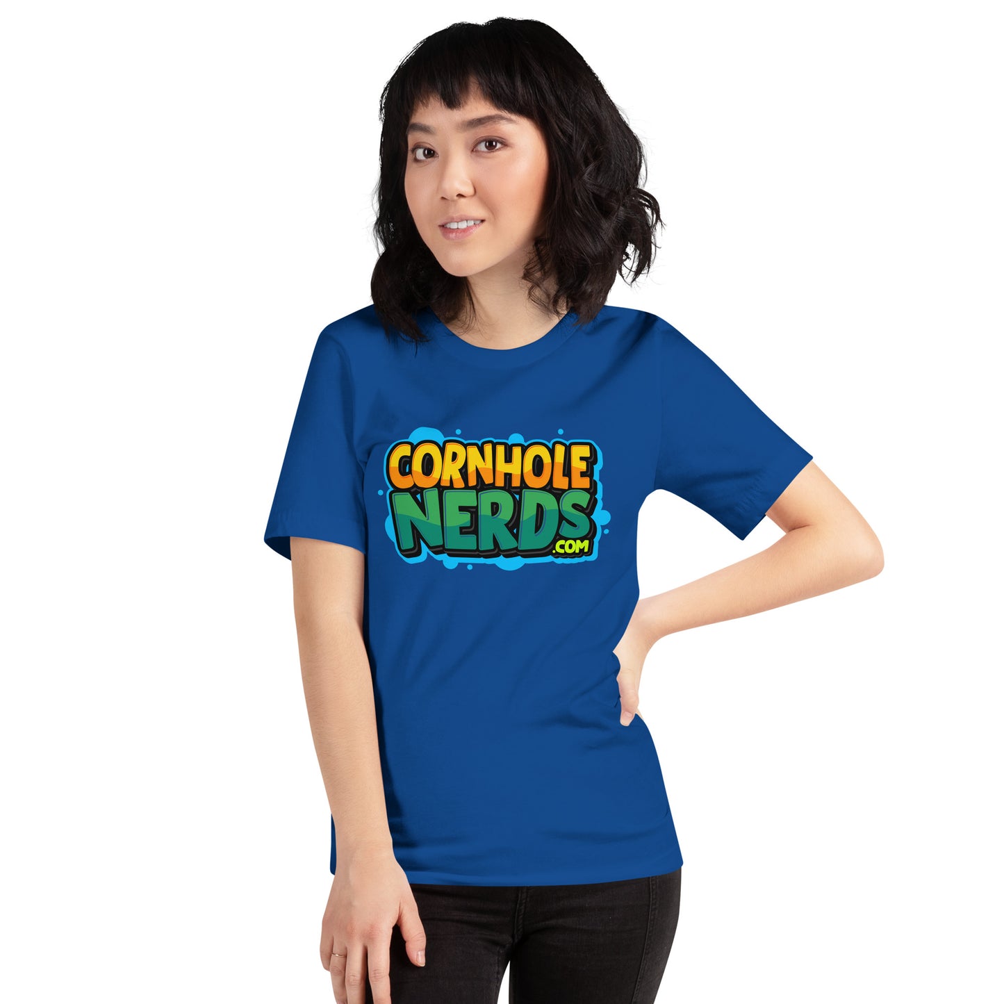 Cornhole Nerds green/yellow blue splat logo Unisex t-shirt