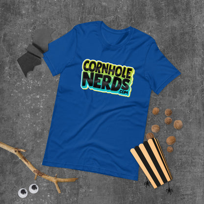 Cornhole Nerds some kind of blue/black and yellow logo Unisex t-shirt