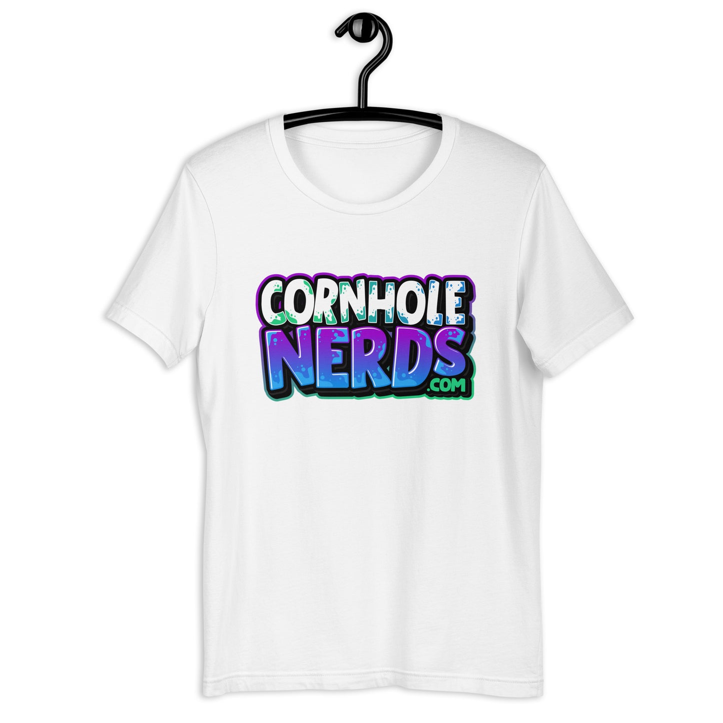 Cornhole Nerds white/bluish/purple kinda green logo Unisex t-shirt