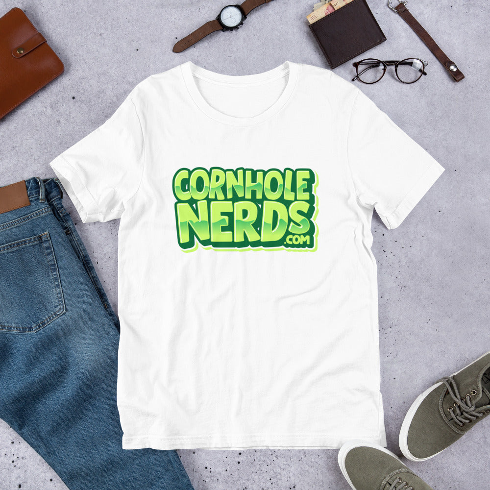 Cornhole Nerds neon-ish green-ish logo Unisex t-shirt