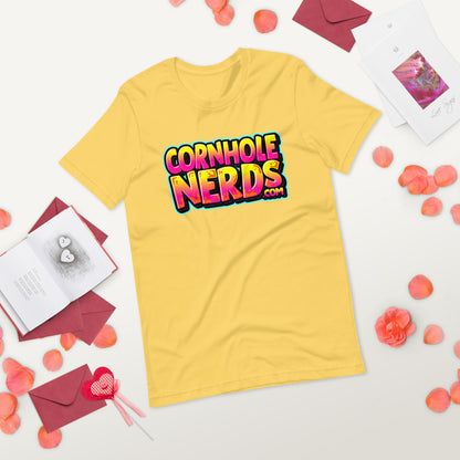 Cornhole Nerds yellow/pink/orange logo Unisex t-shirt