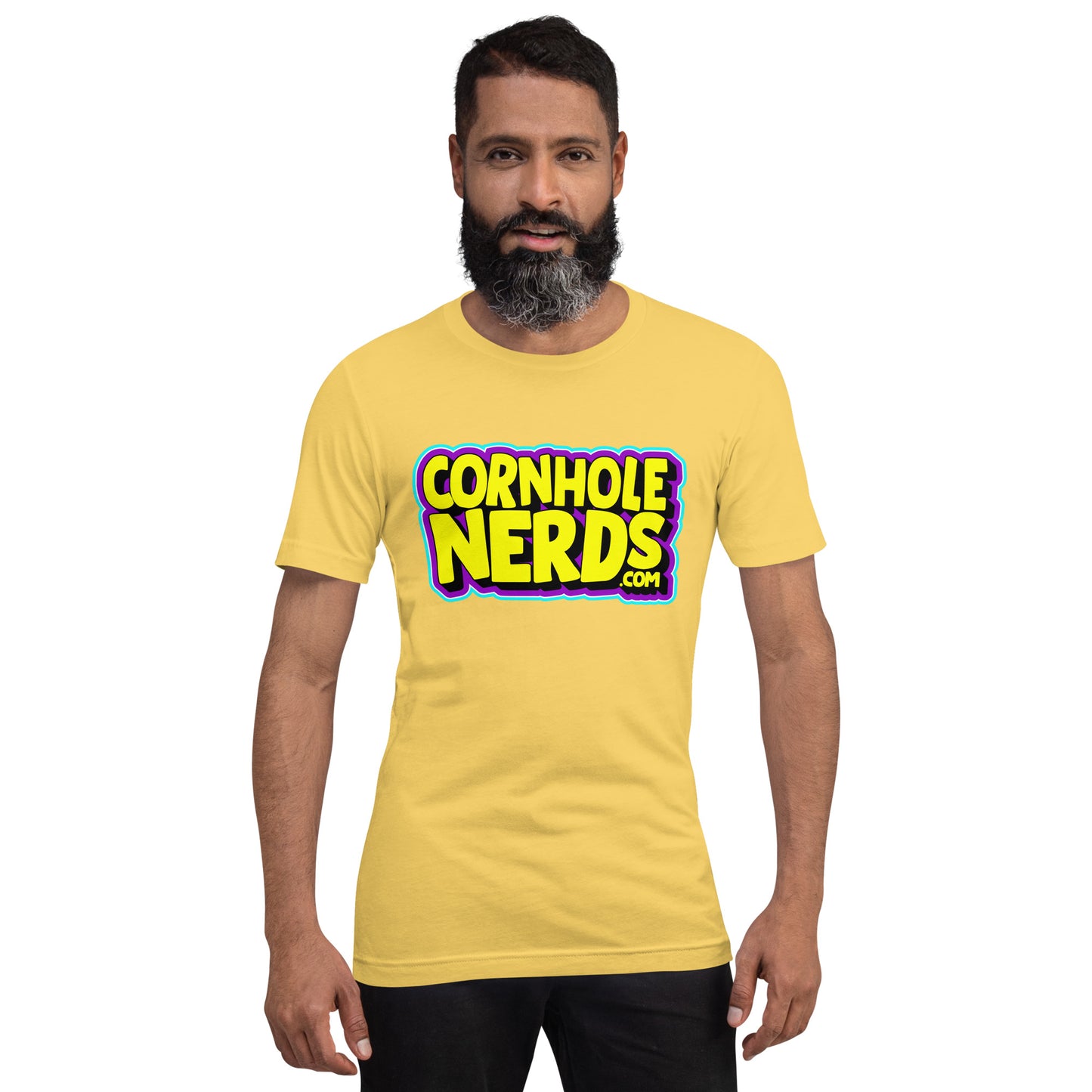 Cornhole Nerds yellow/blue/purple logo Unisex t-shirt