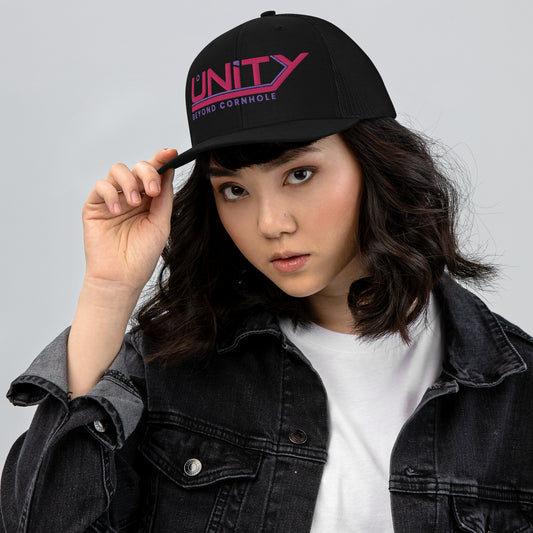 Unity Beyond Cornhole Pink/Purple logo Richardson 112 snapback Trucker Cap